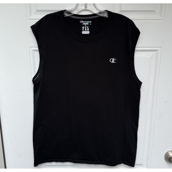 Champion Sleeveless Tshirt Size L Black Logo Crew Neck Muscle Tee - Picture 1 of 8